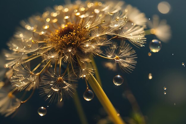 Foto semilla de diente de león con gotas de agua dorada de cerca