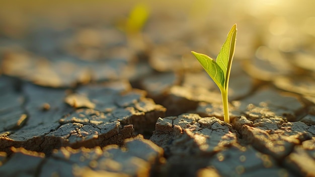 Semilla que brota en la tierra agrietada Un primer plano de un pequeño brote verde que emerge de la tierra seca agrietada que simboliza la resistencia, la esperanza y la fuerza imparable de la nueva vida