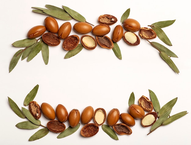 Foto semillas de argán aisladas sobre un fondo de marco blanco nueces de aceite de argán con cosméticos vegetales y aceite natural ...