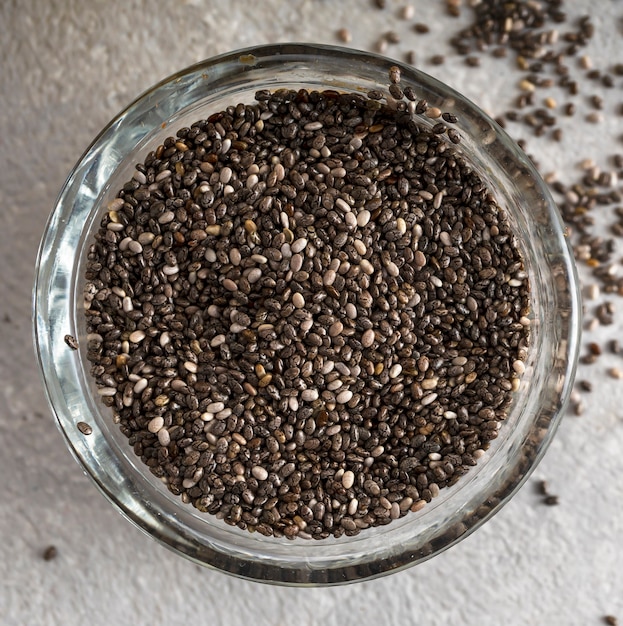 Semillas de chia closeup. Fuente de omega 3.