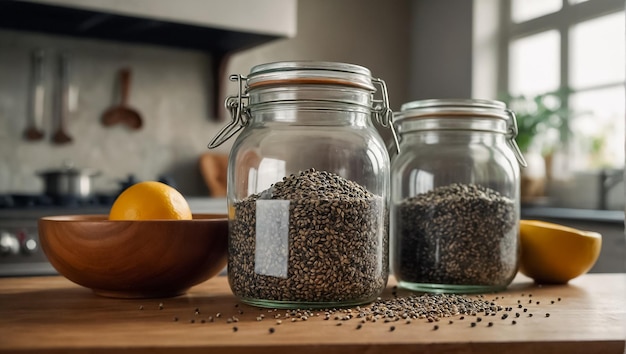 semillas de chía en un frasco de vidrio en la cocina