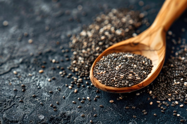 Semillas de chia saludables en una cuchara de madera en la mesa cerca horizontalmente