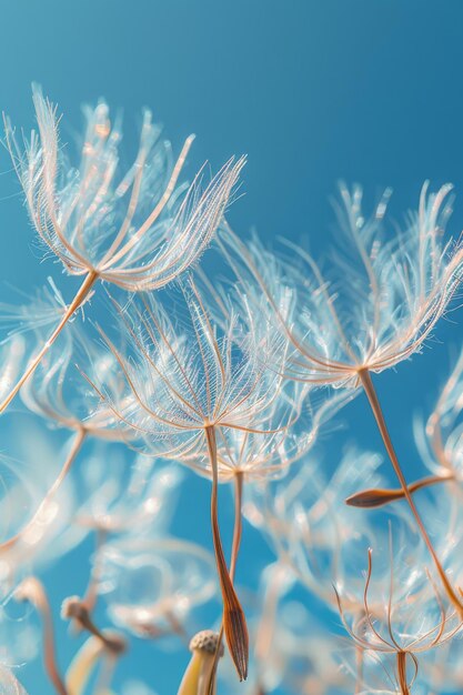 Semillas de diente de león etéreas contra un cielo azul sereno