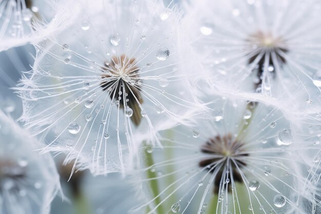 Semillas de diente de león con gotas de agua de cerca Fondo natural