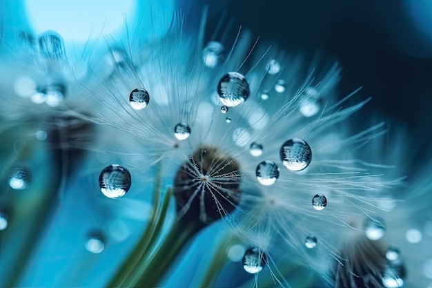 Semillas de diente de león en gotas de agua sobre fondo turquesa Gotas de agua sobre diente de león IA generativa