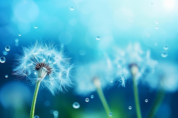 Semillas de diente de león en gotas de agua sobre IA generativa azul y turquesa