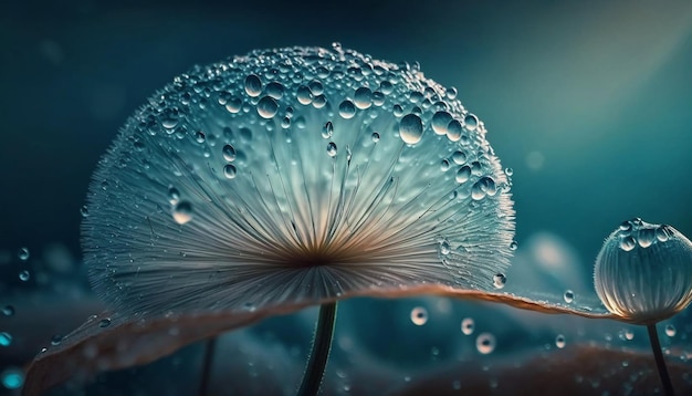 Semillas de diente de león en gotitas de agua sobre azul y turquesa.