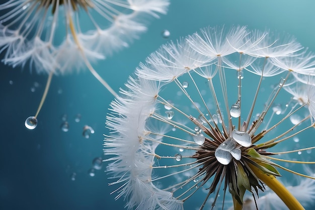 Semillas de flores de diente de león abstractas con gotas de agua en el fondo