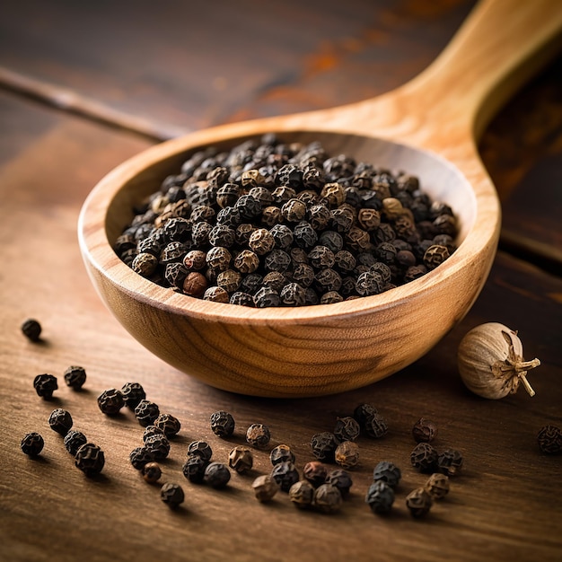 Semillas de pimienta negra en cuencos de madera y cuencos De vidrio