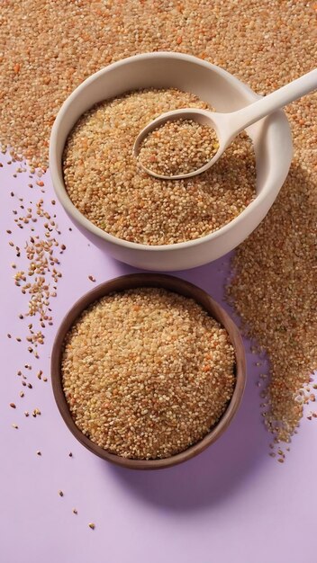 Semillas de quinoa en un cuenco y una cuchara en un fondo coloreado kinwa saludable en un cuencito pequeño súper alimento saludable
