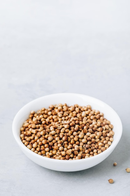 Semillas secas enteras de cilantro en un tazón blanco sobre fondo de piedra gris