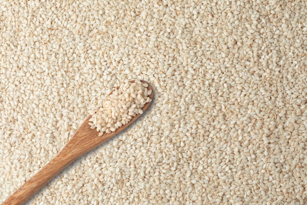 Las semillas de sésamo blanco en una cuchara de madera sobre un fondo lleno de semillas de sésamo blanco