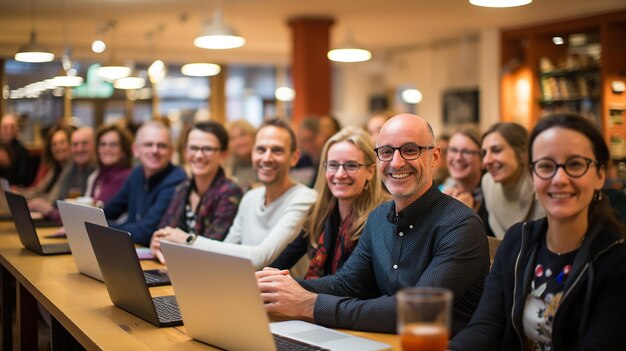 Seminário adultos felizes em laptops IA generativa