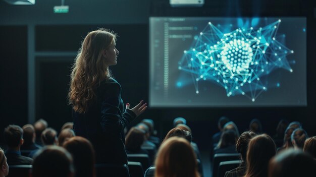 Foto seminario de inteligencia artificial con presentación de maestros en la oscuridad