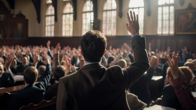 En un seminario de negocios profesional una audiencia diversa levanta la mano en una decisión importante