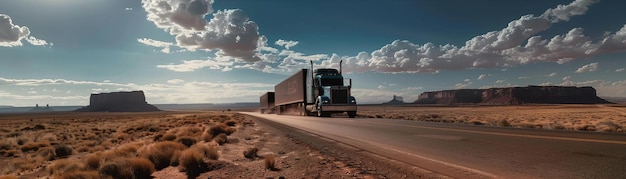 Semitruck conduciendo a través de un paisaje desértico Transporte de larga distancia