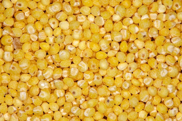 Sémola molida de mijo de granos amarillos redondos a granel closeup vista macro papel tapiz patrón de textura uniforme