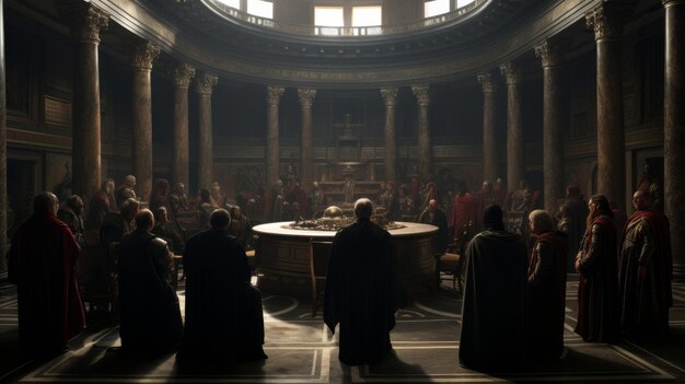 El Senado romano se reúne al amanecer para abordar asuntos urgentes.
