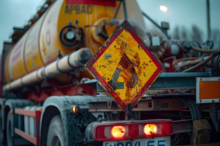 Señal de advertencia en un camión que indica que hay obras en la carretera