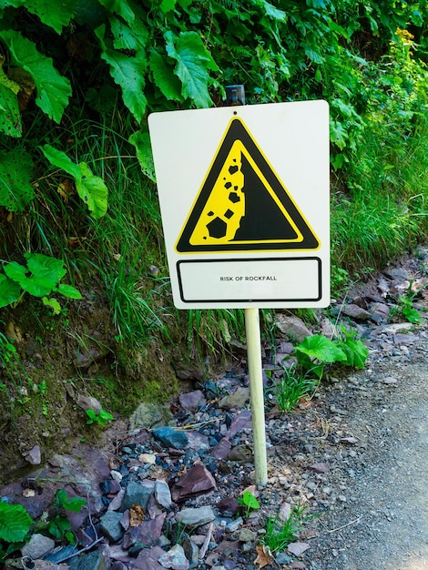 Señal de advertencia en las montañas Riesgo de caída de rocas