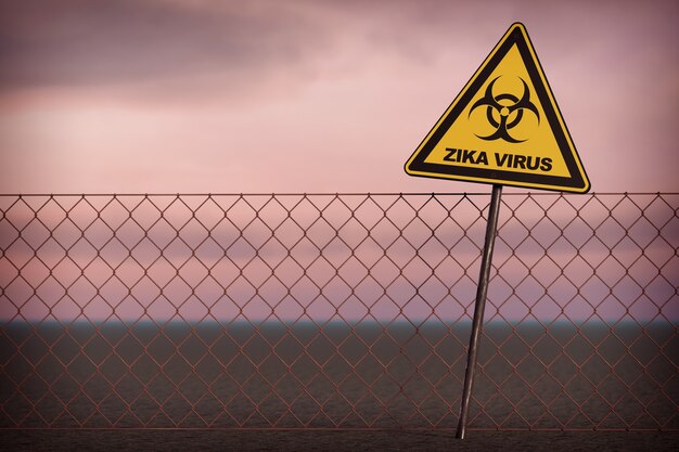 Señal de advertencia del virus Zika sobre un fondo de cielo. Representación 3D