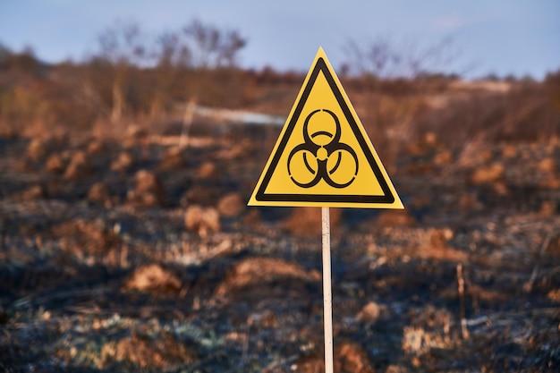 Señal amarilla de riesgo biológico instalada en un campo quemado con hormigueros quemados