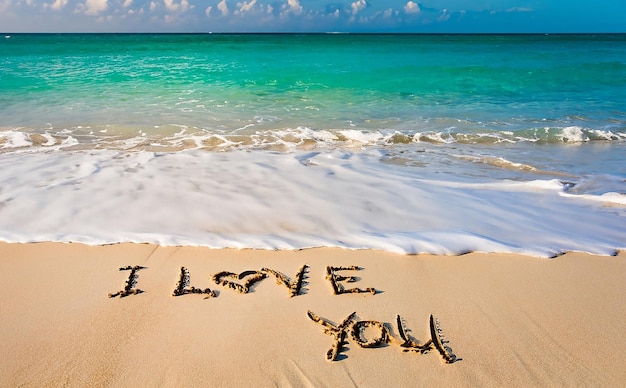 Foto señal de amor en la arena en la playa te quiero en la playa de arena playa húmeda escritos amor divertido