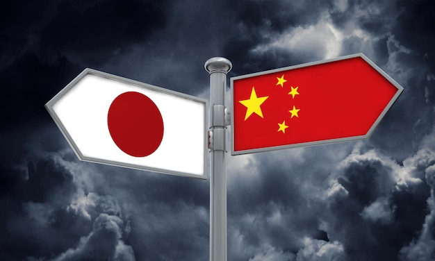 Señal de bandera de China y Japón moviéndose en diferentes direcciones 3D Rendering