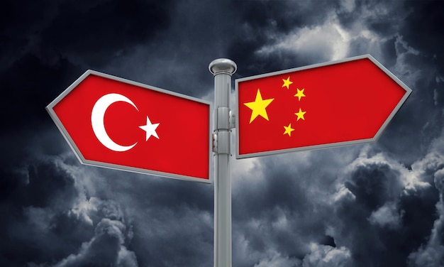 Señal de bandera de China y Turquía moviéndose en diferentes direcciones 3D Rendering