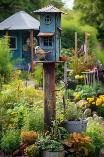 Señal de bienvenida en un jardín pacífico creado con IA generativa