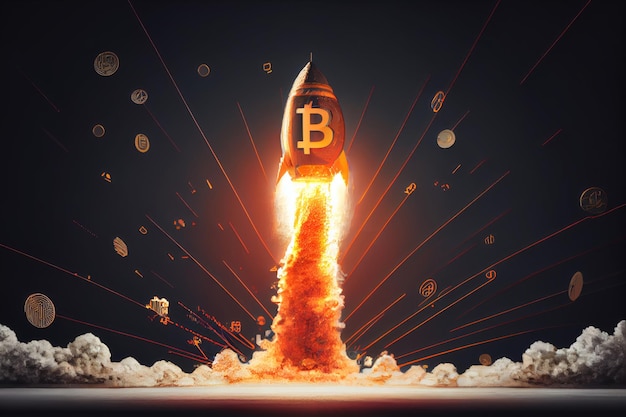 Señal de Bitcoin saliendo del cohete sobre fondo oscuro IA generativa