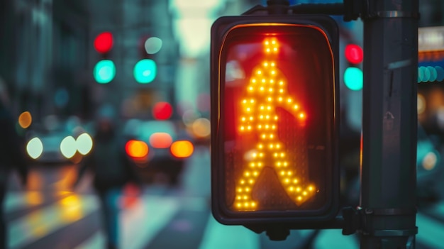 Una señal de cruce de peatones que muestra una figura caminando con personas cruzando la calle en el fondo