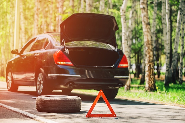 Señal de emergencia y la rueda en la carretera en el bosque