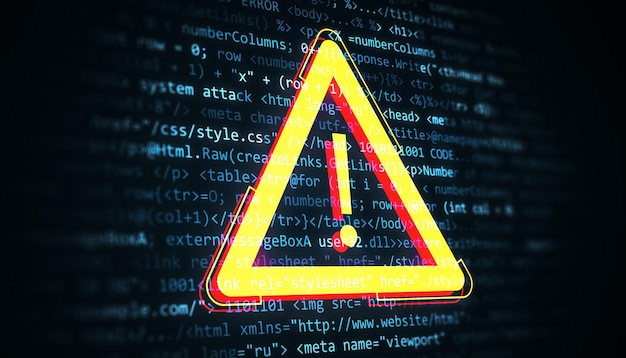 Señal de exclamación de advertencia con código digital en el fondo que destaca el concepto de amenaza cibernética Renderización 3D