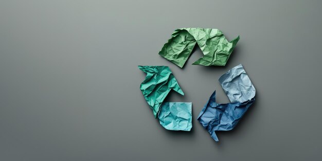 Una señal de logotipo de reciclaje hecha de papel arrugado concepto de reutilización cero residuos con espacio para copiar