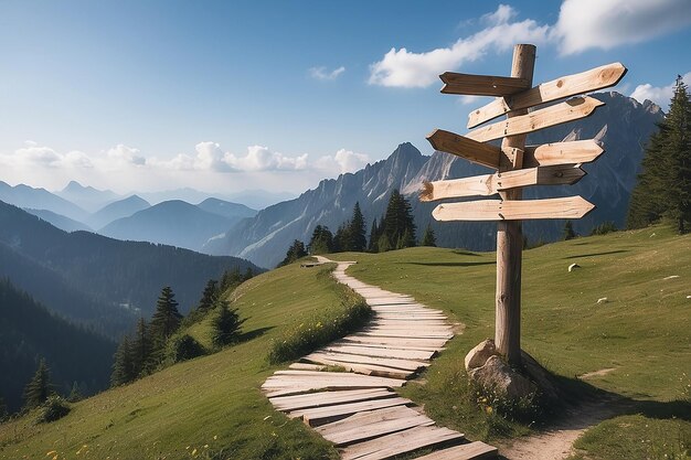 Foto señal de madera en la montaña