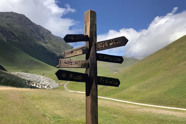 señal de madera en la montaña