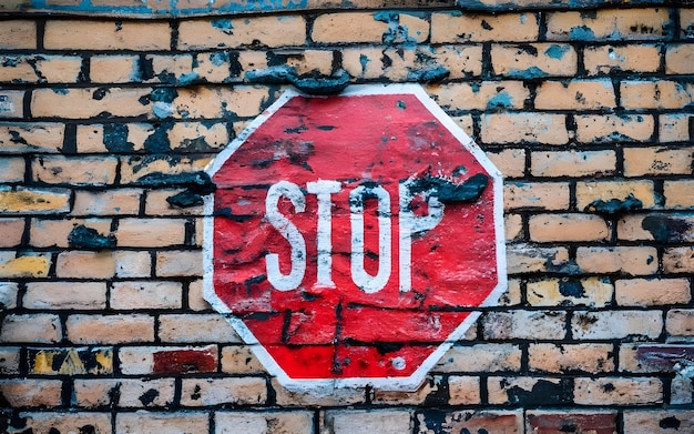 una señal de parada en una pared de ladrillo que dice parar.