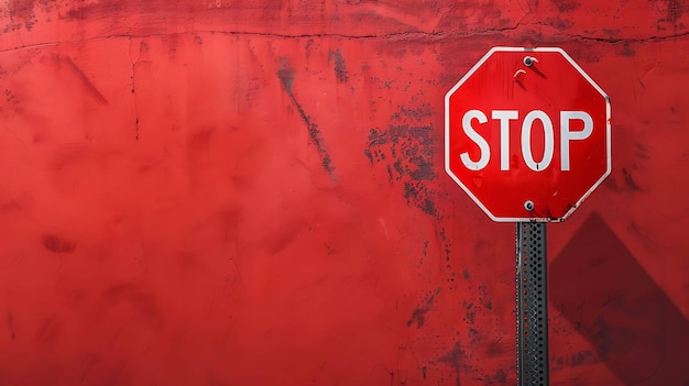 Una señal de parada roja se destaca contra un fondo rojo La señal está hecha de metal y tiene letras blancas