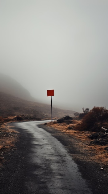 una señal roja en una carretera en la niebla