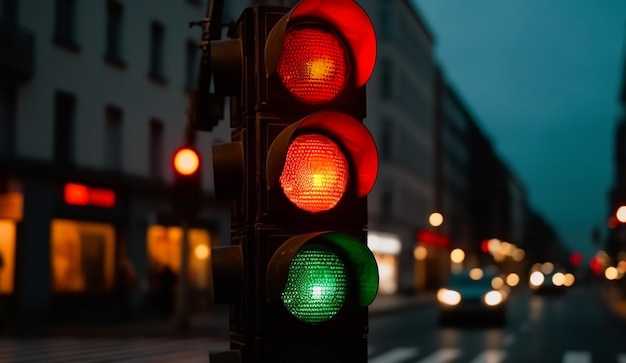 Señal de semáforo en la ciudad por la noche semáforo verde rojo naranja con ciudad borrosa en el backgr