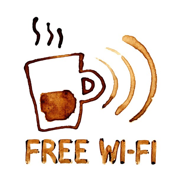 Señal de Wi-Fi gratis por manchas de café sobre fondo blanco.