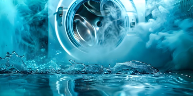 Foto señales de daños en el electrodoméstico agua que fluye de la lavadora concepto de fugas mal funcionamiento del electrodomèstico daños en el agua problemas de lavadora consejos de mantenimiento