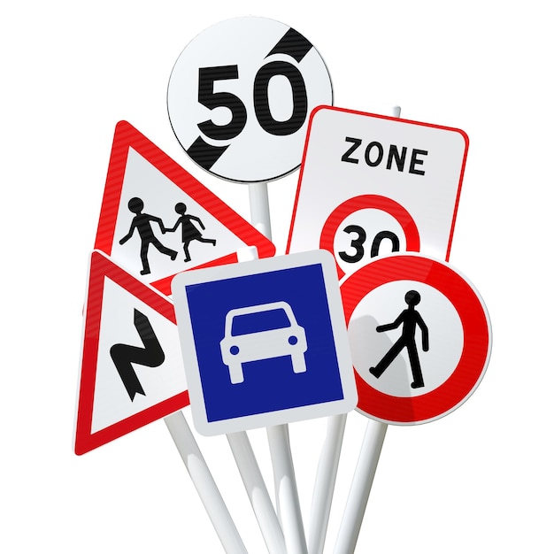 señales de tráfico en grupo aprender el código de la carretera ilustración 3D