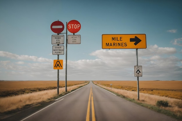 Las señales de tráfico y los marcadores de millas que muestran el progreso de su viaje