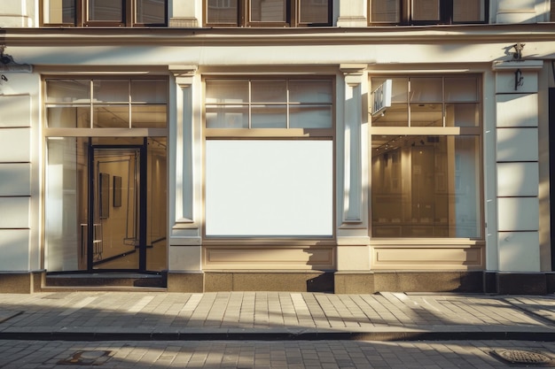 Foto señalización blanca horizontal vacía en la fachada de la tienda de ropa con ventanas de vidrio