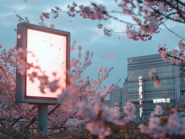 La señalización digital de forma vertical con un marco gris oscuro Las flores de Sakura están floreciendo