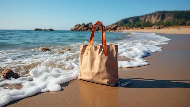 Una sencilla bolsa de tela ecológica en el fondo de la playa del mar