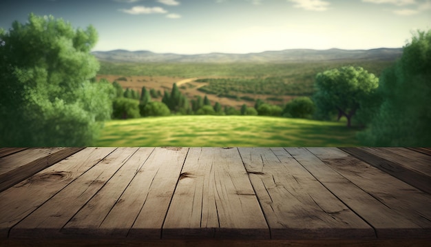 Una sencilla mesa de madera con un paisaje de fondo