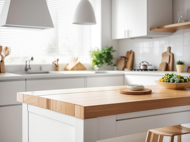 Sencillez y elegancia, mesa vacía con luz de madera en una cocina blanca moderna